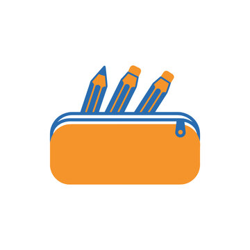 Orange pencil case with three blue pencils inside