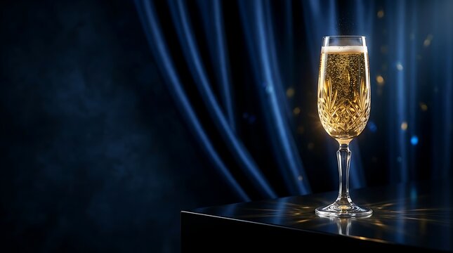Elegant sparkling golden champagne in a glass, effervescing against a luxurious deep blue curtain, perfect for festive celebrations and sophisticated events