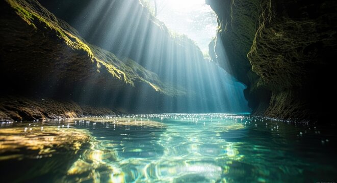 Sunlight Beams Through Canyon Water, Creating a Beautiful and Serene Scene.
