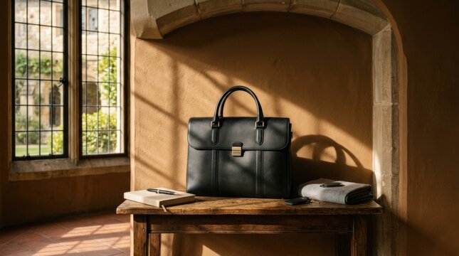 Structured black leather business bag centered in a warm sunlit alcove, premium fashion product photography, smooth leather, subtle hardware, caramel-brown architecture, long window shadows and