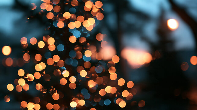 Festive Christmas Tree Bokeh Lights on Dusk Background