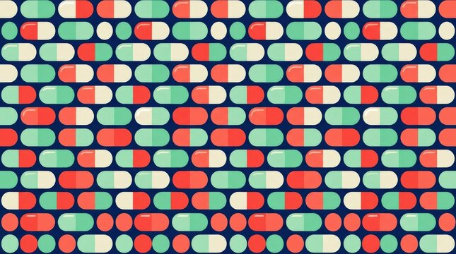 Repeating capsule shapes in coral red, mint green and cream on a deep navy background, bold flat vector pattern, clean rounded geometry, high-contrast modern palette, seamless pharmaceutical graphic