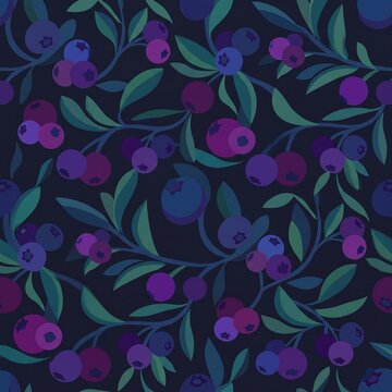 Seamless Pattern with Ripe Blueberries and Leaves