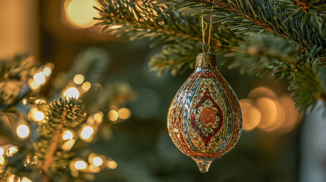 Beautiful Ornament Hanging From a Tree Branch Surrounded by Warm Lights