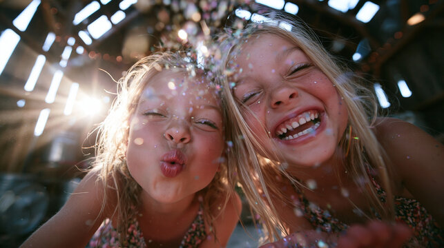 Happy Girls Blowing Glitter and Laughing in Sunlit Barn