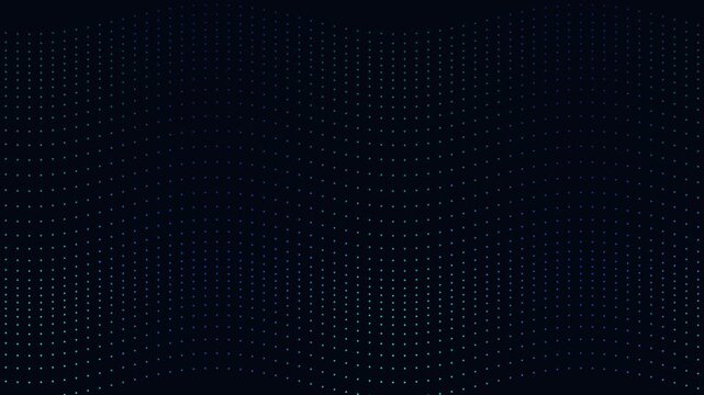 An abstract motion graphics background featuring undulating waves of glowing cyan and blue digital particles in 3D space, inspired by technology and data visualization loops.