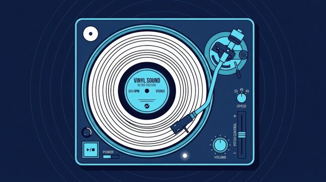Blue graphic turntable or vinyl record player viewed from above, flat vector illustration, circular white record, geometric controls, cyan and navy palette, music, audio technology and retro culture