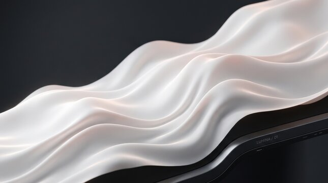 Soft white luminous terrain resembling silk or liquid dunes against dark charcoal, premium abstract 3D render, restrained monochrome palette with faint blush highlights, shallow sculptural waves and