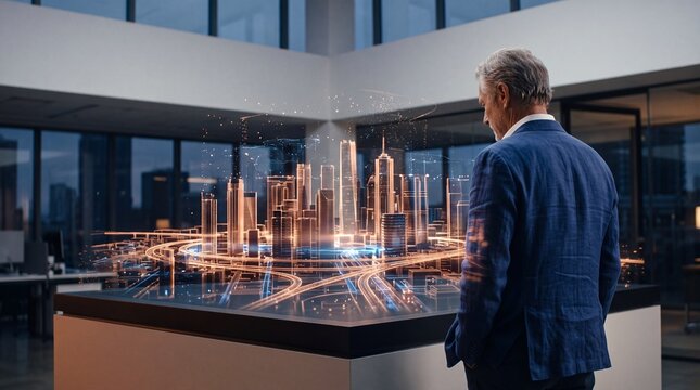 Businessman Examining Futuristic Holographic Smart City Model in Modern Office