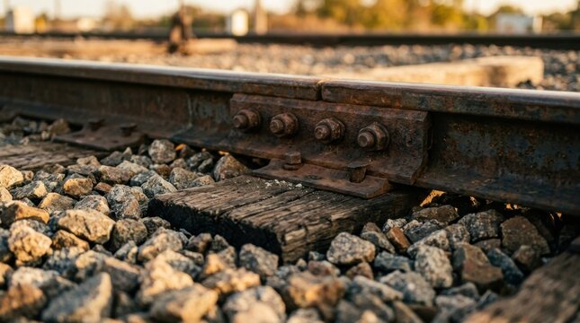 Steel rail joint on wooden ties surrounded by crushed granite ballast on a railway track.