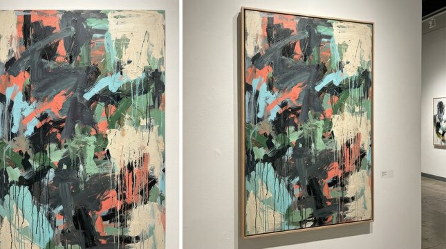 Expressive abstract painting with layered black, gray, coral, aqua, green and cream brushstrokes, gestural mixed-media texture, dense vertical composition, visible scraping and drips, contemporary