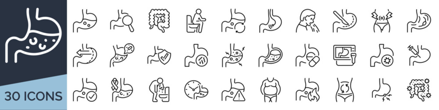 Set of 30 outline icons related to stomach. Linear icon collection. Editable stroke. Vector illustration