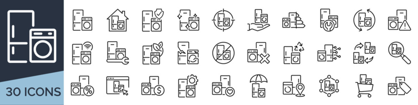 Set of 30 outline icons related to appliance. Linear icon collection. Editable stroke. Vector illustration