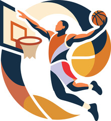 Abstract illustration of a basketball player performing a slam dunk into the hoop with sports illustration dynamic motion athletic competition basketball game court action jumping athlete © Grafisio Marker