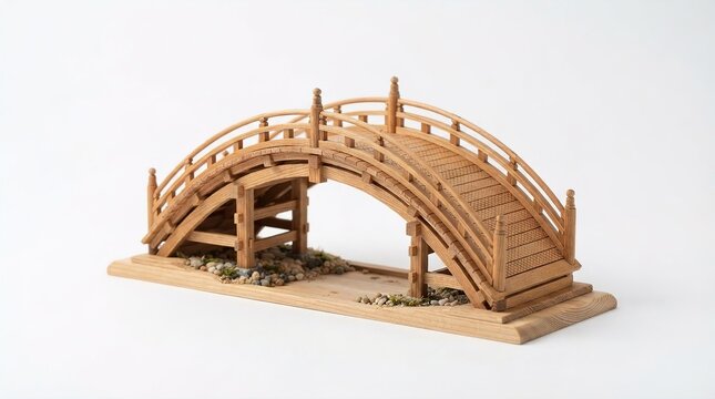 Small Wooden Arched Bridge Model Isolated on White Background

