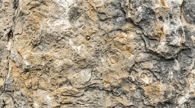 Natural background of ancient marine fossils embedded in textured rock.. Generative AI