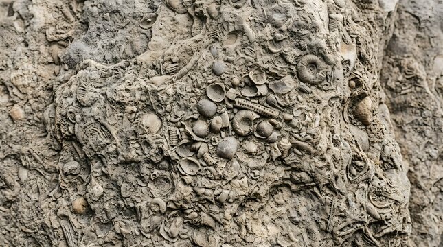 Ancient marine fossils densely embedded in textured sedimentary rock.. Generative AI