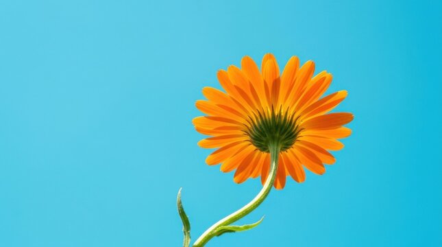 Orange daisy viewed from below against a vivid cyan-blue background, low-angle botanical photography, curved green stem, saturated tangerine petals, bright complementary color contrast, clean