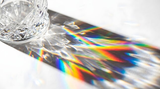 Rainbow light refraction from a crystal glass on white background. Generative AI