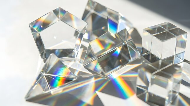 Geometric prisms reflecting colorful rainbow light on white surface.. Generative AI