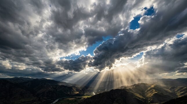 Powerful beams of sunlight breaking through dense gray-white storm clouds, dramatic sky photography, bright celestial rays, high contrast between silver clouds and blue openings, hopeful atmospheric