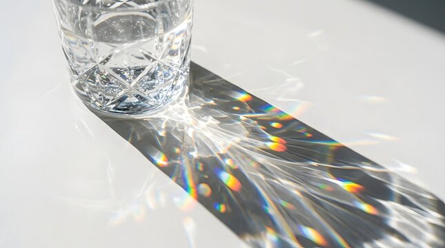 Crystal glass of water with rainbow light refraction on white background.. Generative AI