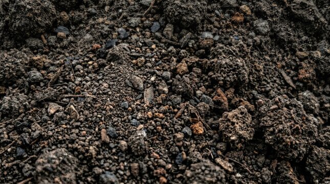 Extreme close-up of dark coarse soil and granular earth texture, abstract nature photography, charcoal, brown and muted gray palette, shallow relief, organic irregular pattern, dry matte surface,