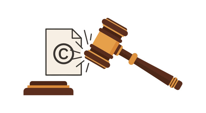 Judge's Gavel Striking Copyright Symbol Document - Intellectual Property Law Concept Illustration