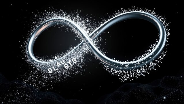 Silver infinity symbol floats above dark digital landscape. Particles radiate from loop, creating dynamic visual effect. Text present.