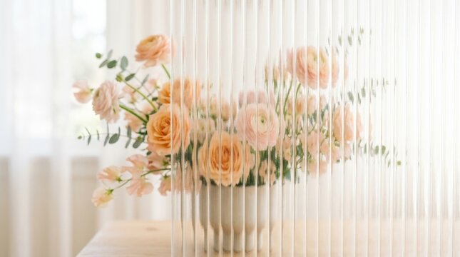Blush flower arrangement softly blurred behind ribbed translucent glass, high-key botanical photography, creamy white light, pale green stems, warm peach petals and elegant minimalist visual texture.