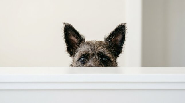 Curious dog peeking over a clean white edge with only pointed ears and eyes visible, playful pet photography, high-key neutral background, crisp fur detail, humorous minimal composition and commercial