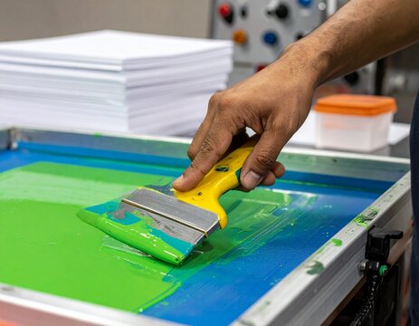 Close-up of a hand using a yellow squeegee to apply green ink on a screen printing frame, representing the silk screen printing process.
