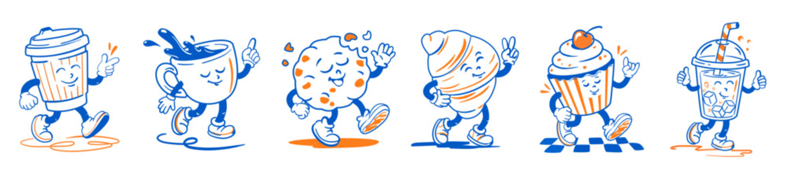 Bakery retro mascot set with cartoon groovy characters. Collection stickers with cute funny walking coffee in paper cup or mug, cookie, croissant, cupcake, ice drink with straw. Vector illustration.