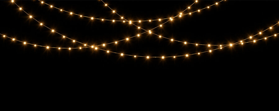Bokeh glowing garland with warm golden lights and draped curved strings, on transparent background