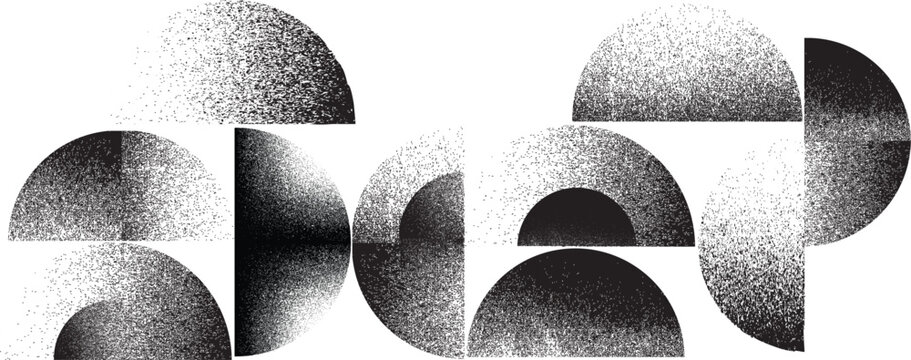 Sprayed black art composition of Quarter circles, semicircles, three quarter circles and full circles .Graffiti art design . Noise textured . Spray effect .Vector
