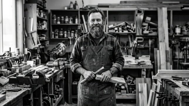 Bearded craftsman in rugged workwear standing inside a workshop, black-and-white occupational portrait, documentary photography with authentic clothing textures, industrial background softly out of