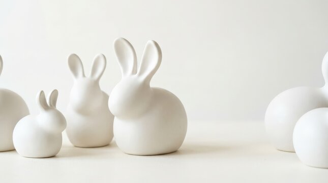 Partially visible set of white sculptural ceramic forms with rabbit-ear silhouettes on a clean pale background, playful minimalist product photography, high-key lighting, ivory-on-white palette, soft