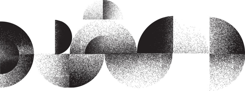 Sprayed black art composition of Quarter circles, semicircles, three quarter circles and full circles .Graffiti art design . Noise textured . Spray effect .Vector
