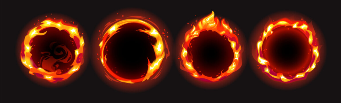 Portal with cartoon fire circle, abstract neon frame and magical gate effect. Glowing orange flames with fantasy heat vortex, radiant energy sparkles and dimensional teleport design for game UI.