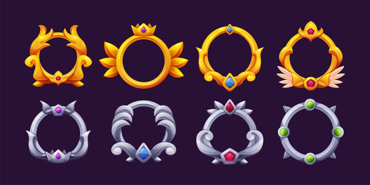 Golden game assets with empty round borders and circular UI elements. Fantasy avatar frames with medieval royal designs, metal rings, silver badges and gemstones for mobile RPG interface icons.