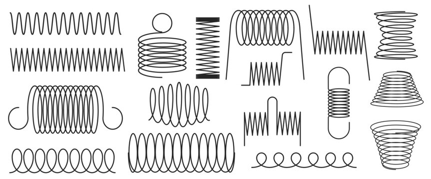 Coil spring icon set with spiral line elements and metal wire shapes. Vector signs with flexible loop designs, helix circles and curly cord strokes. Isolated zigzag twist patterns for modern graphics.