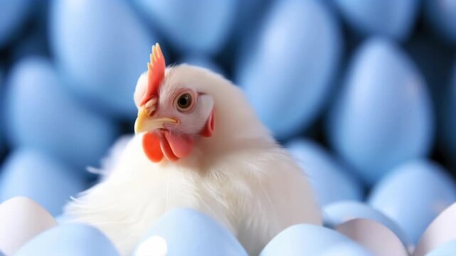 White Hen Nestled Among Blue and White Eggs