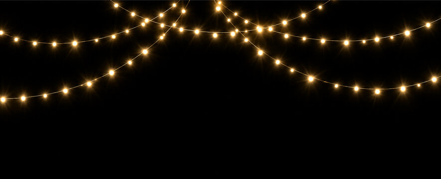 Bokeh glowing string lights golden wave overlay, on transparent background