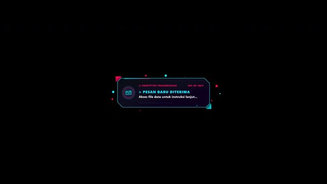 Futuristic 6-second motion graphic featuring a neon cyberpunk HUD message box with glitch build-in, 3D floating envelope, console typing text, and high cyan/magenta glow on a transparent background.