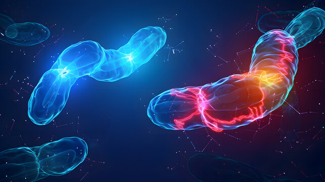 Glowing 3D meiosis illustration showing chromosome division for biology and genetics study