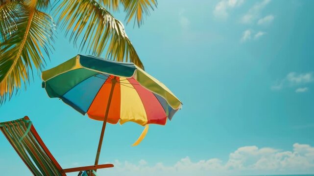 Colorful Beach Umbrella and Lounge Chair in Tropical Summer Scene