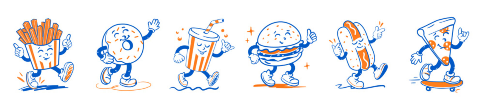 Fast food retro mascot set with cartoon groovy characters. Collection stickers with funny walking french fries, donut, soda drink in cup with straw, hamburger, hot dog, pizza. Vector illustration.