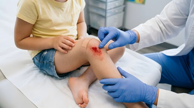 A healthcare professional carefully examines and treats a small childs minor knee injury in a well lit doctors office