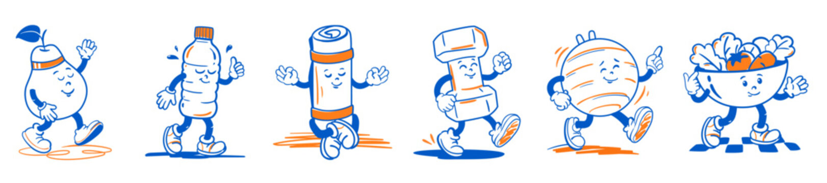 Fitness retro mascot set with cartoon groovy characters. Collection stickers with funny walking pear, water bottle, meditating yoga mat, dumbbell, fit ball, diet salad bowl. Vector illustration.