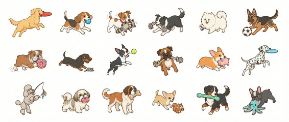 Fototapeta premium Set of cute cartoon dogs playing with various toys and small animals on a white background